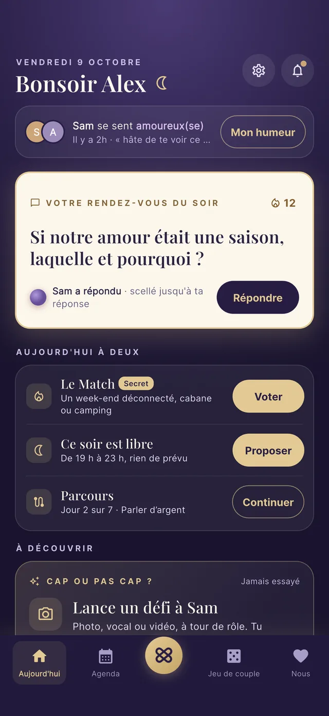 L’accueil de Duoly le soir : l’humeur de Sam, la question du soir, et ce qui vous attend à deux aujourd’hui