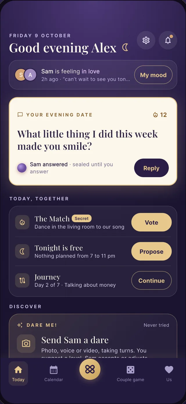 Duoly’s home screen in the evening: Sam’s mood, your evening question, and what’s waiting for you both today