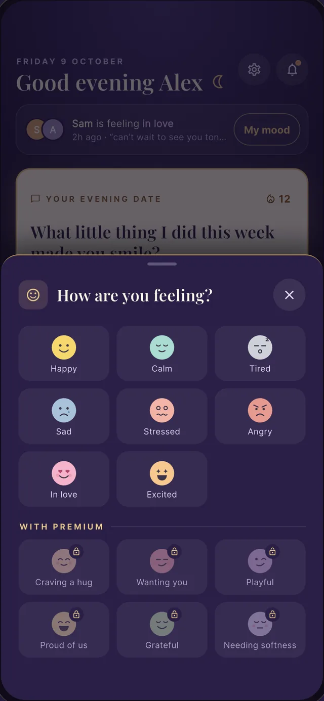 The mood grid: happy, calm, tired, sad, stressed, angry, in love, excited