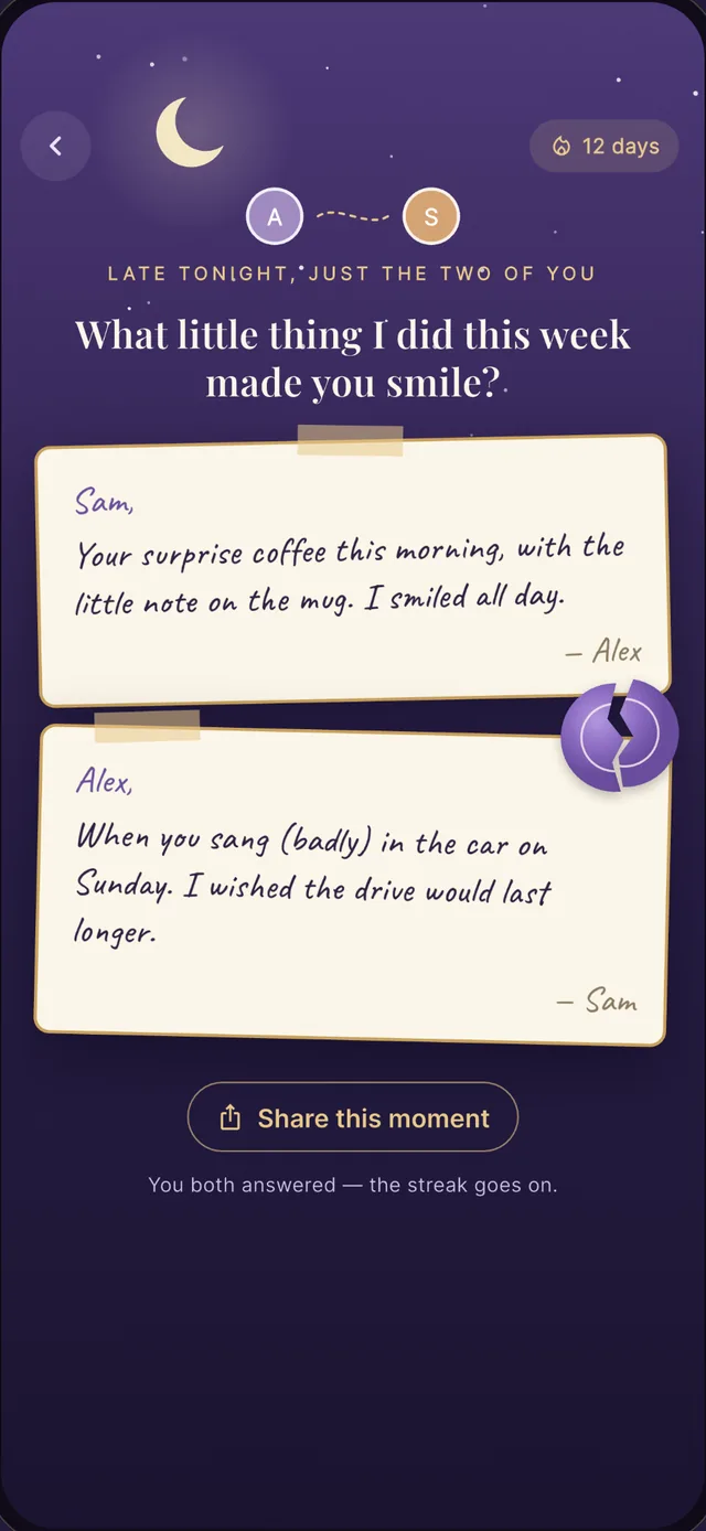 Both answers revealed, handwritten on cream cards: “What little thing I did this week made you smile?”