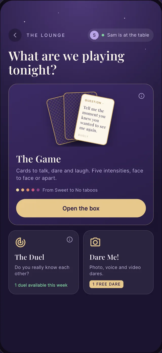 The lounge: What are we playing tonight? The Game, The Duel and Dare Me!