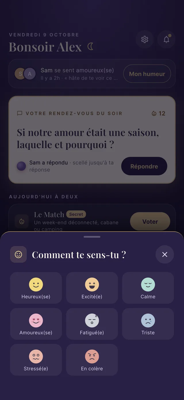 La grille des humeurs : heureux, excité, calme, amoureux, fatigué, triste, stressé, en colère