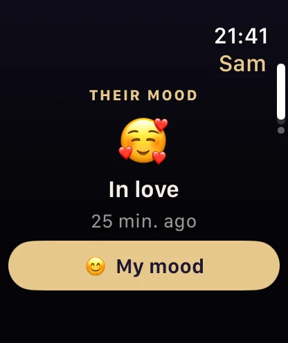 Apple Watch: Sam’s mood, “In love”, 25 minutes ago