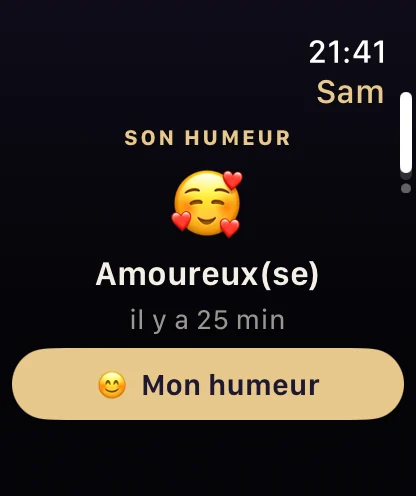 Apple Watch : l’humeur de Sam, « Amoureux(se) », il y a 25 minutes