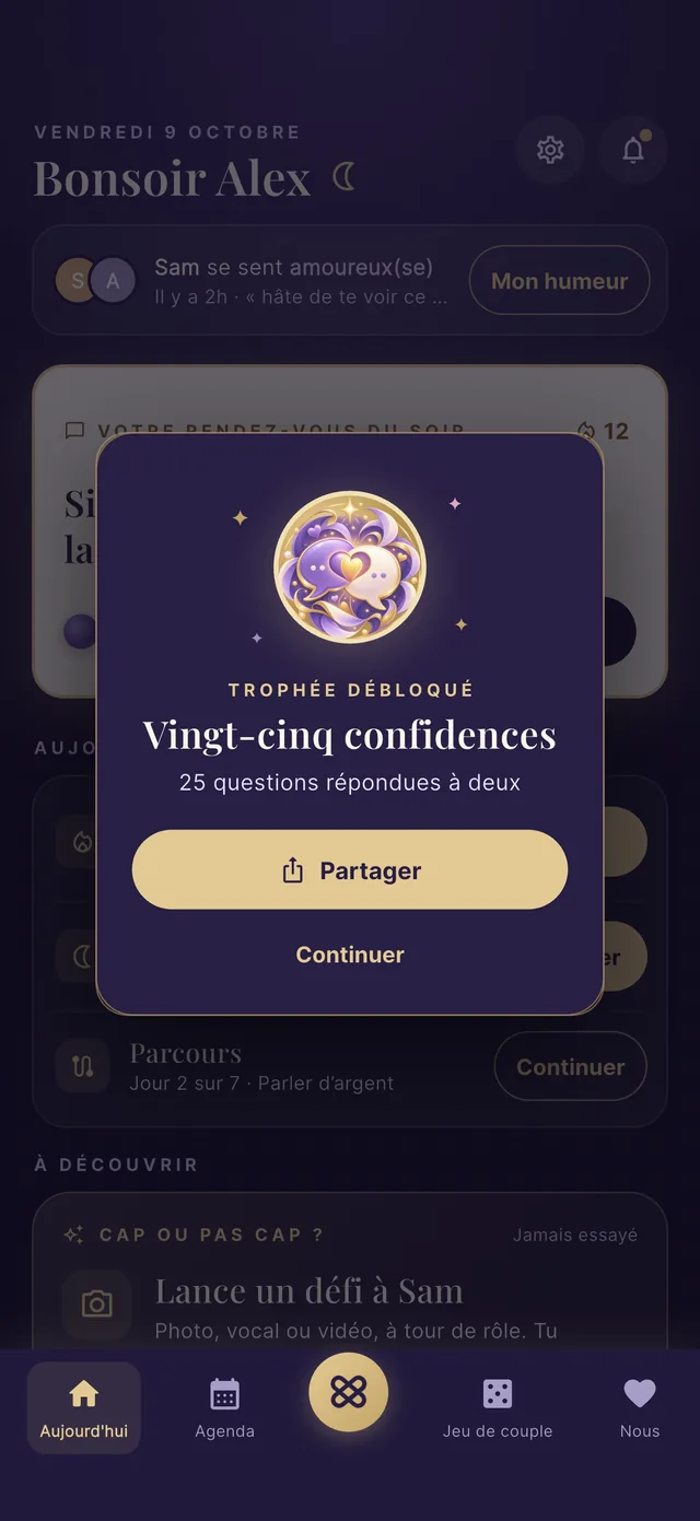 Trophée débloqué : « Vingt-cinq confidences », 25 questions répondues à deux